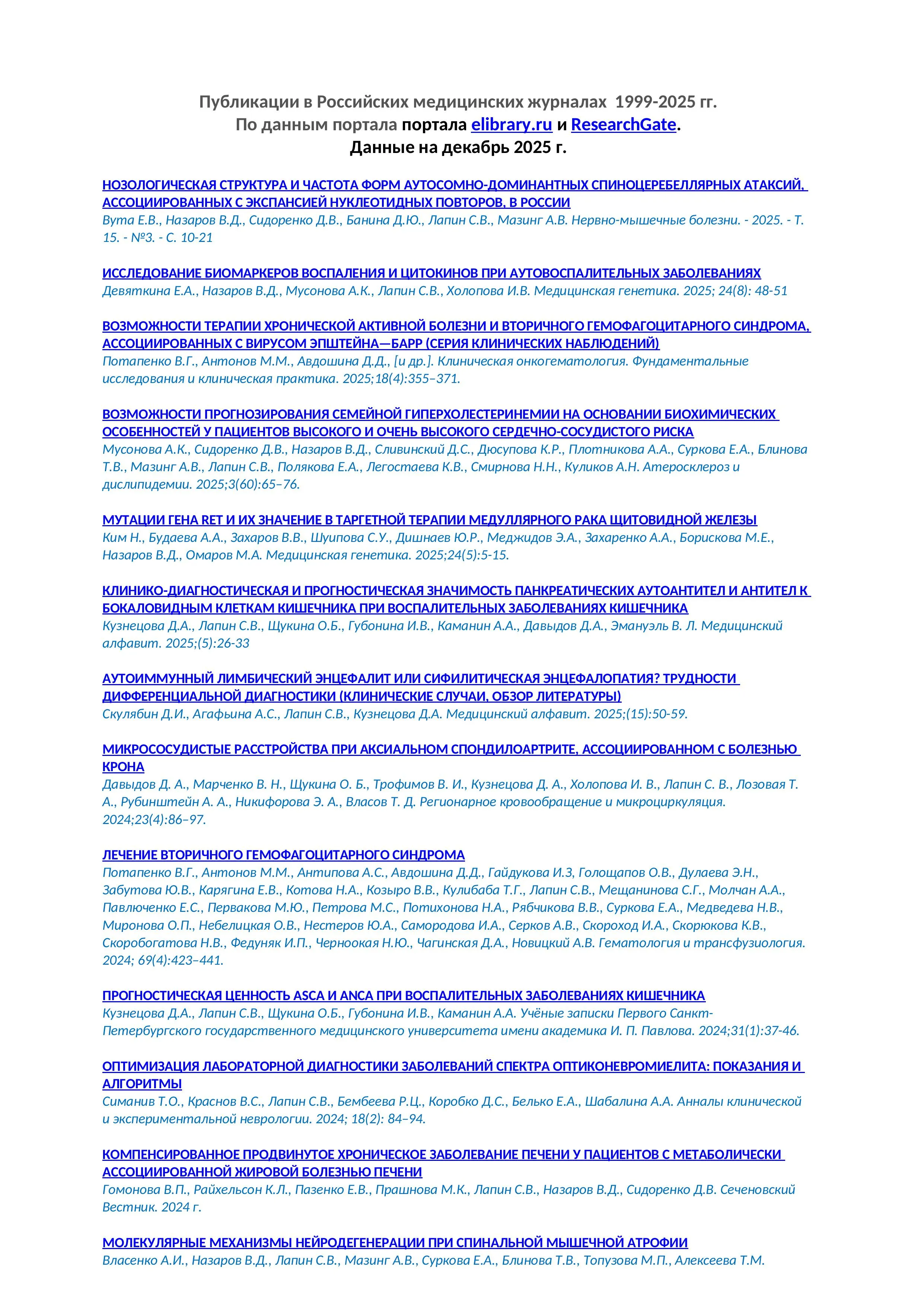 Список публикаций в российских медицинских журналах 
