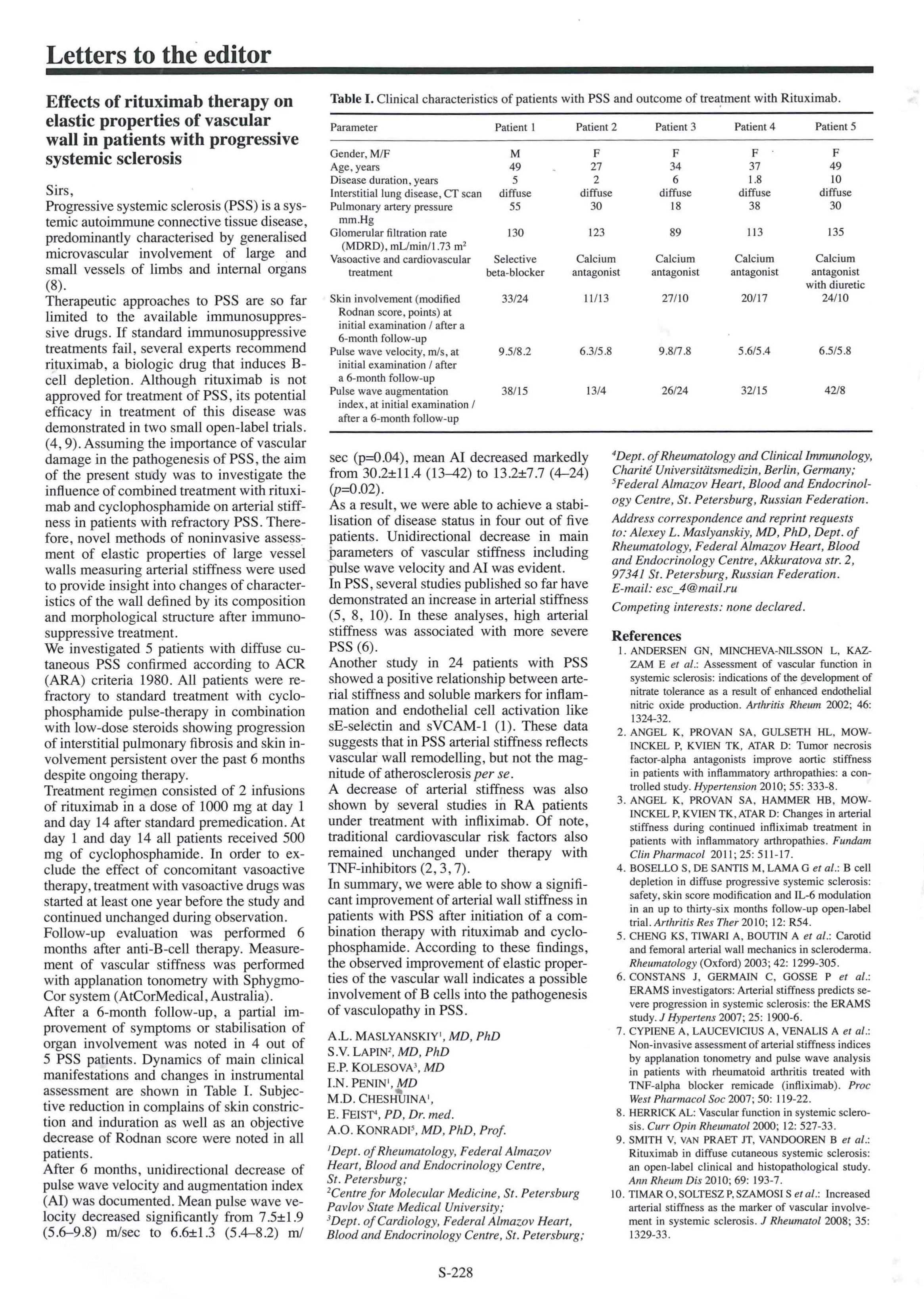 Effects of rituximab therapy on elastic properties of vascular wall in patients with progressive systemic sclerosis Effects of rituximab therapy on elastic properties of vascular wall in patients with progressive systemic sclerosis