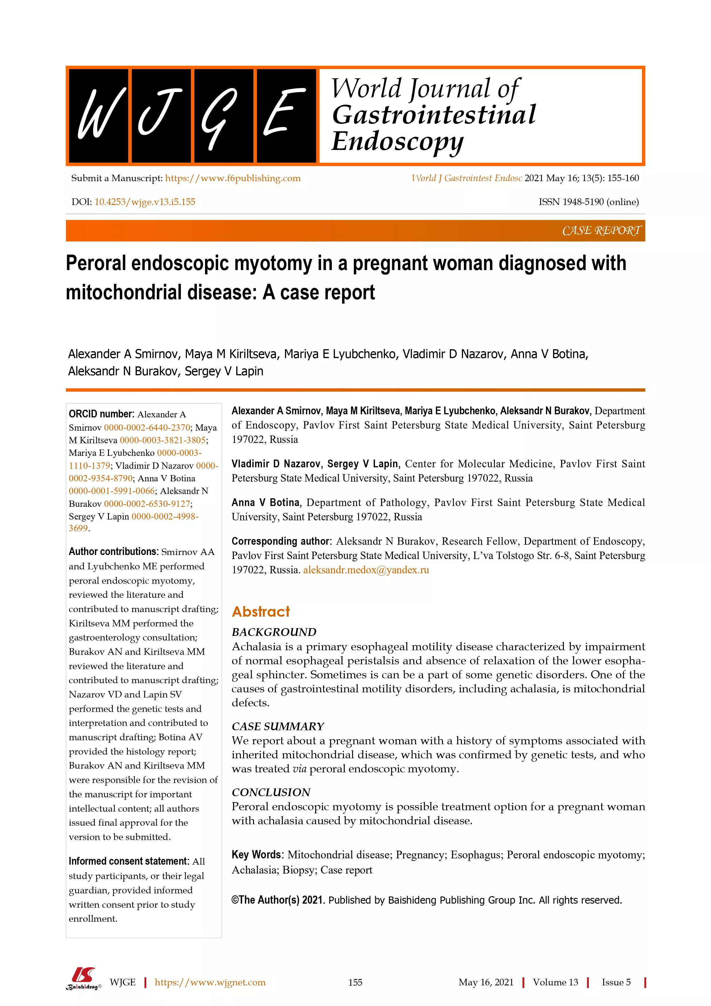 Peroral endoscopic myotomy in a pregnant woman diagnosed with mitochondrial disease: A case report Peroral endoscopic myotomy in a pregnant woman diagnosed with mitochondrial disease: A case report