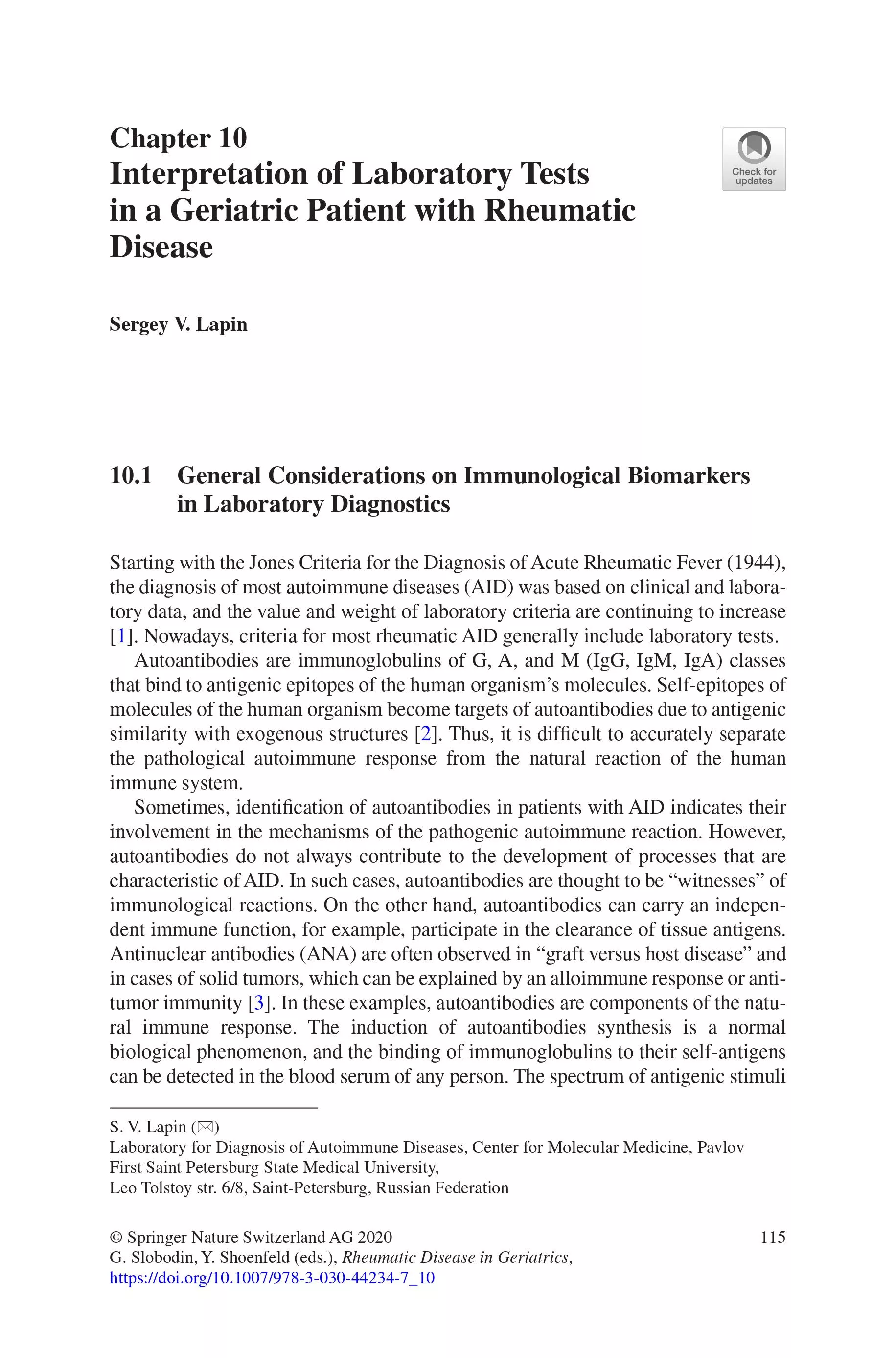 Interpretation of Laboratory Tests in a Geriatric Patient with Rheumatic Disease Interpretation of Laboratory Tests in a Geriatric Patient with Rheumatic Disease
