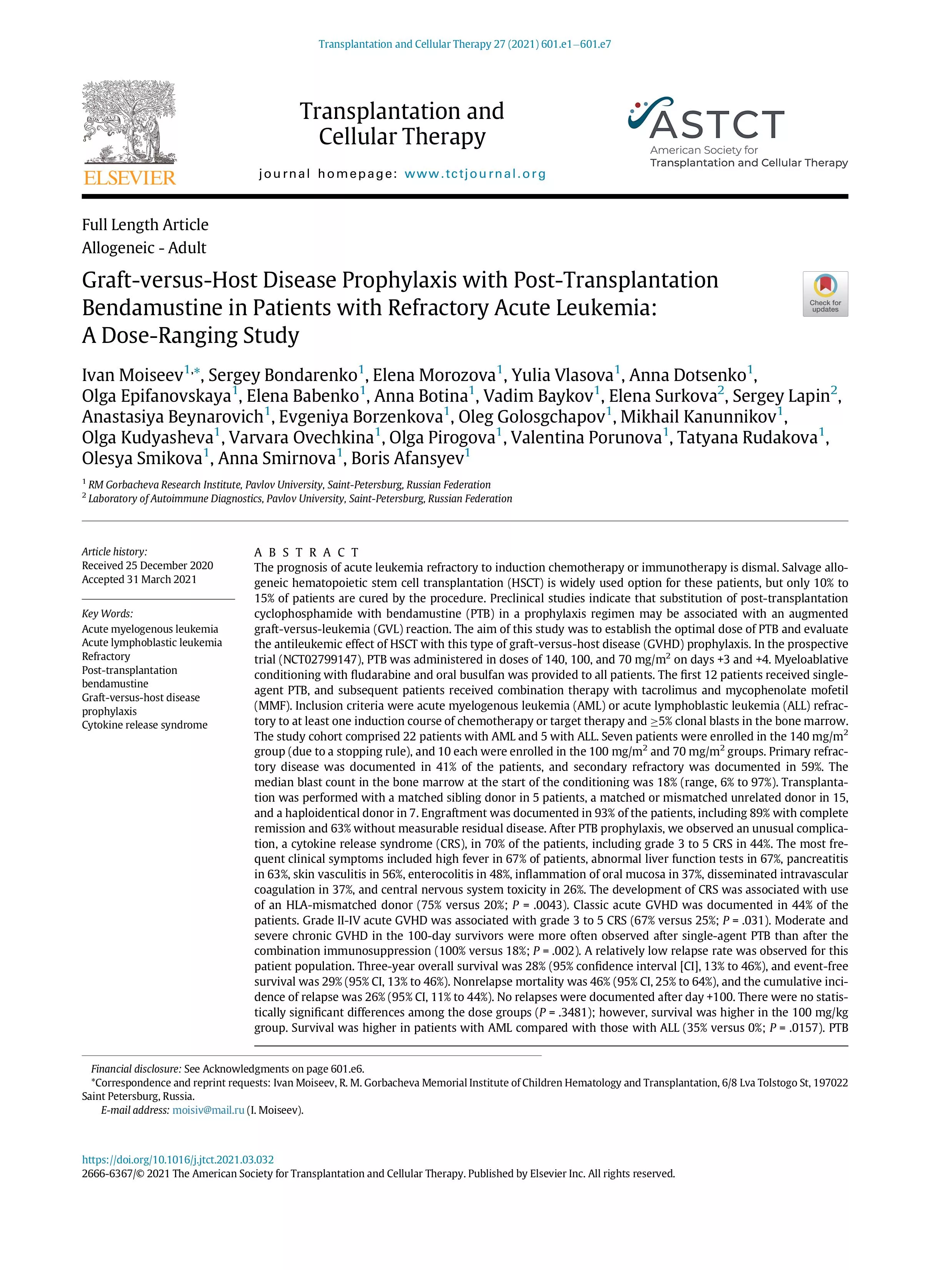 Graft-versus-Host Disease Prophylaxis with Post-Transplantation Bendamustine in Patients with Refractory Acute Leukemia: A Dose-Ranging Study Graft-versus-Host Disease Prophylaxis with Post-Transplantation Bendamustine in Patients with Refractory Acute Leukemia: A Dose-Ranging Study