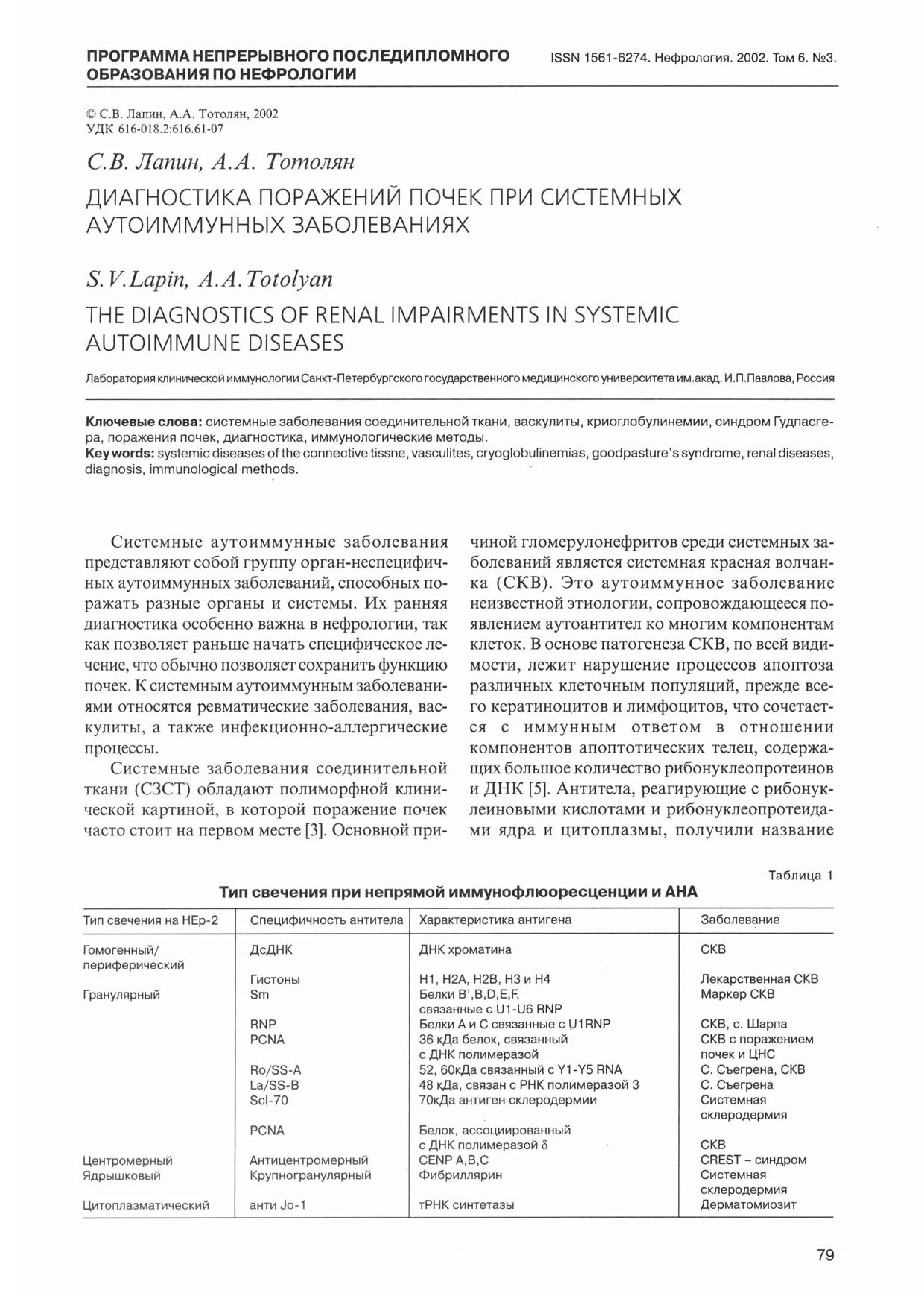 Диагностика поражений почек при системных аутоиммунных заболеваниях Диагностика поражений почек при системных аутоиммунных заболеваниях