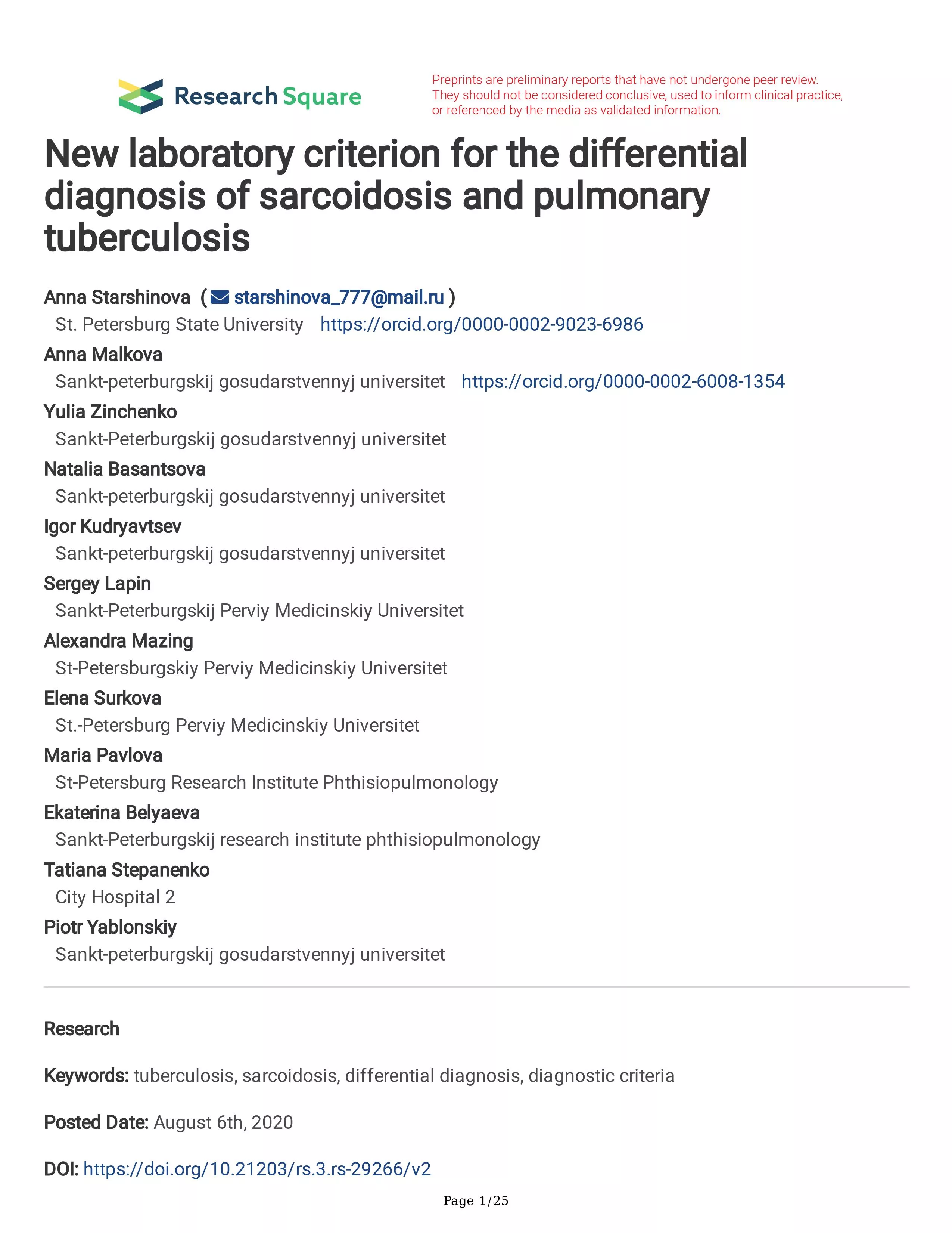 New laboratory criterion for the differential diagnosis of sarcoidosis and pulmonary tuberculosis