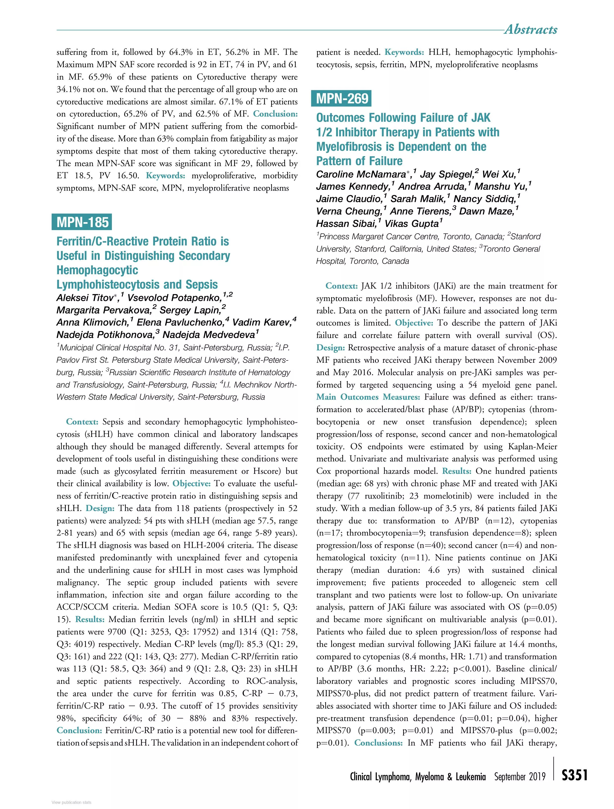 Ferritin/C-Reactive Protein Ratio is Useful in Distinguishing Secondary Hemophagocytic Lymphohisteocytosis and Sepsis Ferritin/C-Reactive Protein Ratio is Useful in Distinguishing Secondary Hemophagocytic Lymphohisteocytosis and Sepsis