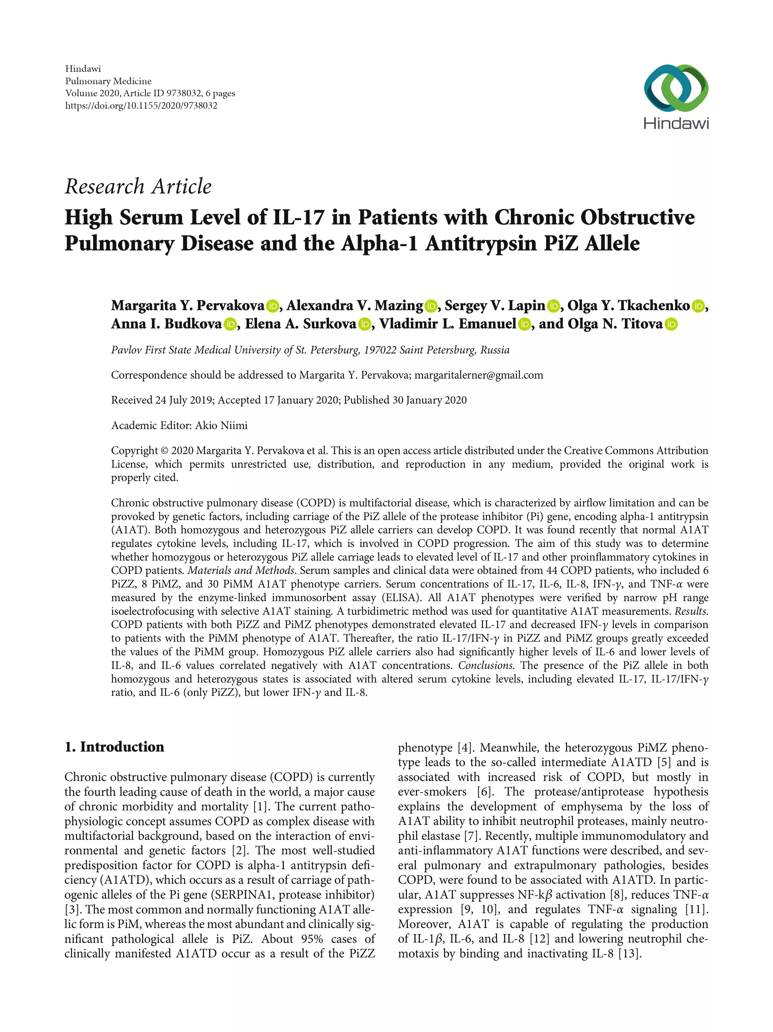 High Serum Level of IL-17 in Patients with Chronic Obstructive Pulmonary Disease and the Alpha-1 Antitrypsin PiZ Allele High Serum Level of IL-17 in Patients with Chronic Obstructive Pulmonary Disease and the Alpha-1 Antitrypsin PiZ Allele
