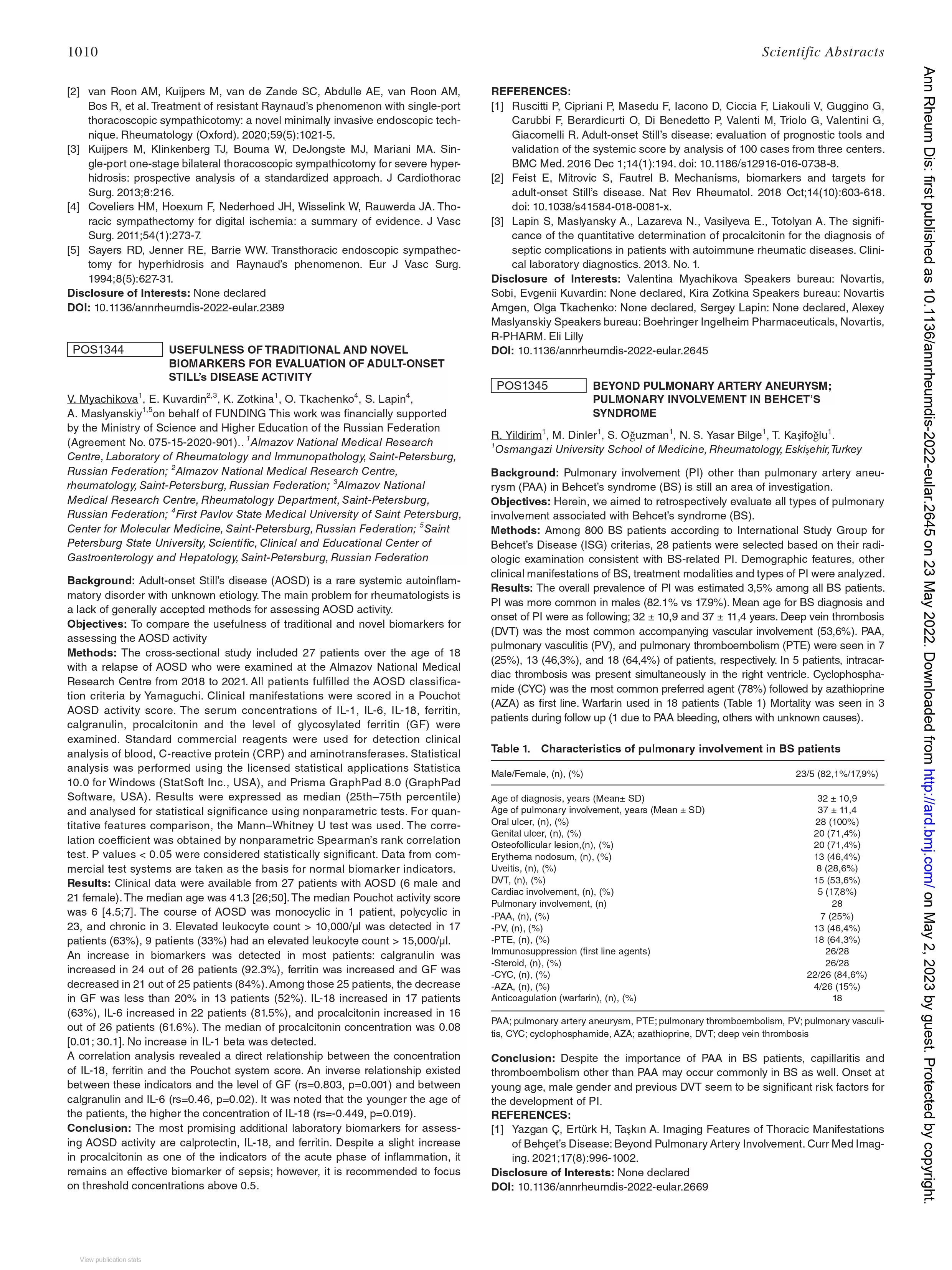 Usefulness of traditional and novel biomarkers for evaluation of adult-onset Still’s disease activity Usefulness of traditional and novel biomarkers for evaluation of adult-onset Still’s disease activity