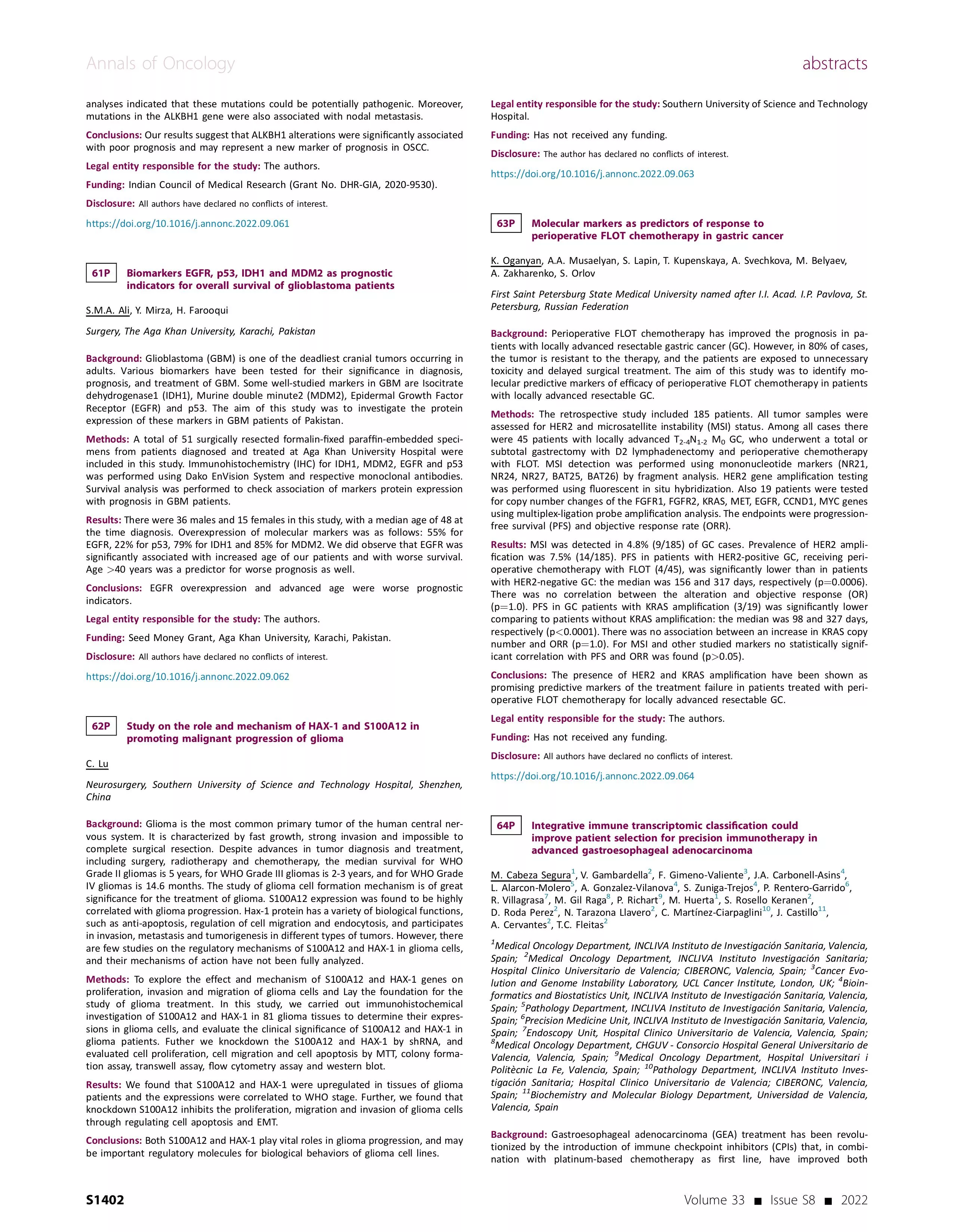 Molecular markers as predictors of response to perioperative FLOT chemotherapy in gastric cancer