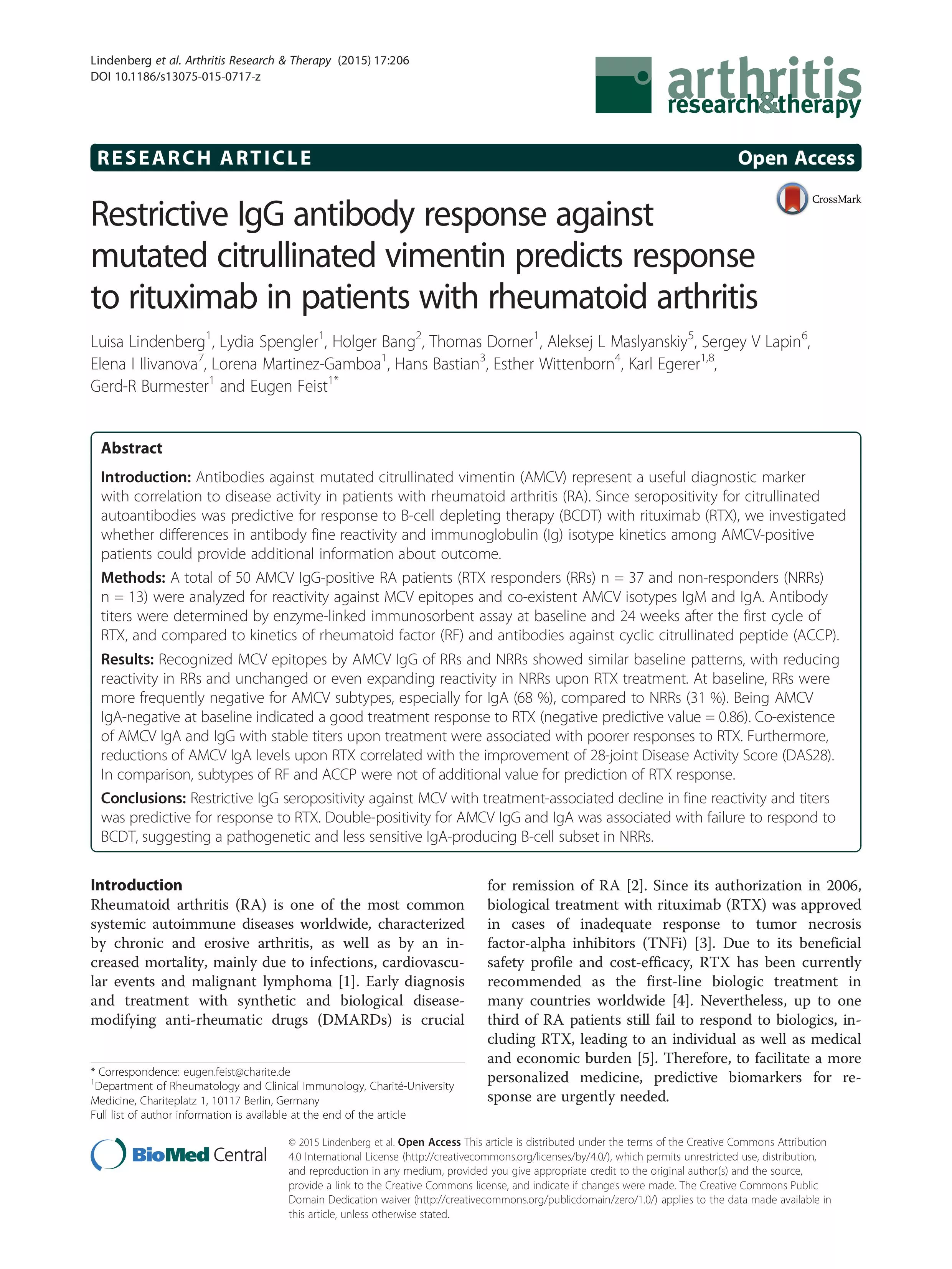 Restrictive IgG antibody response against mutated citrullinated vimentin predicts response to rituximab in patients with rheumatoid arthritis. Restrictive IgG antibody response against mutated citrullinated vimentin predicts response to rituximab in patients with rheumatoid arthritis.