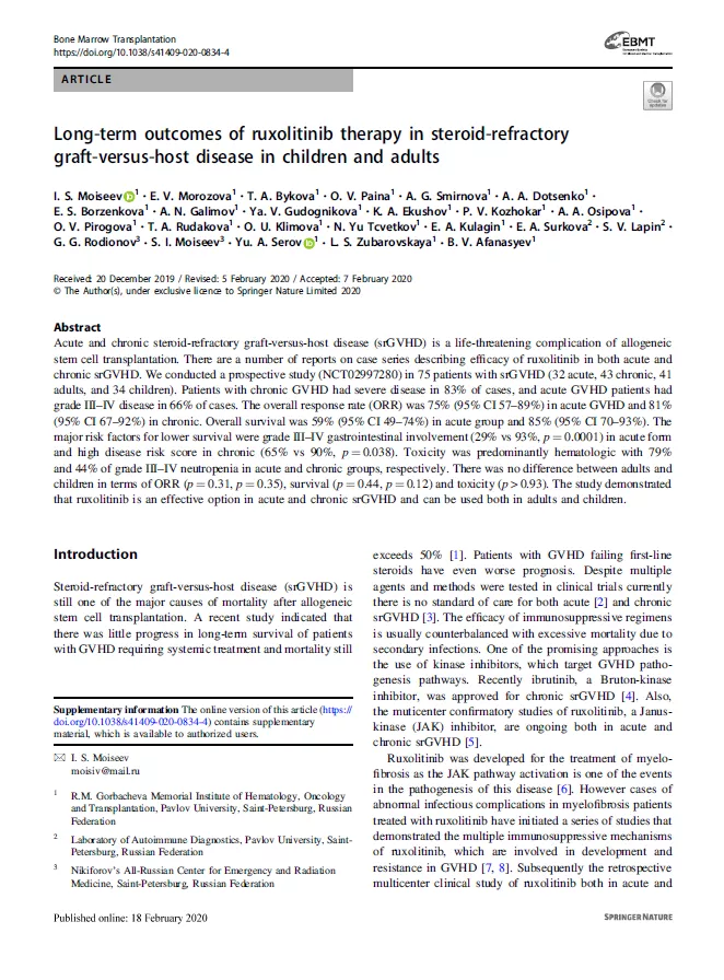Long-term outcomes of ruxolitinib therapy in steroid-refractory graft-versus-host disease in children and adults Long-term outcomes of ruxolitinib therapy in steroid-refractory graft-versus-host disease in children and adults