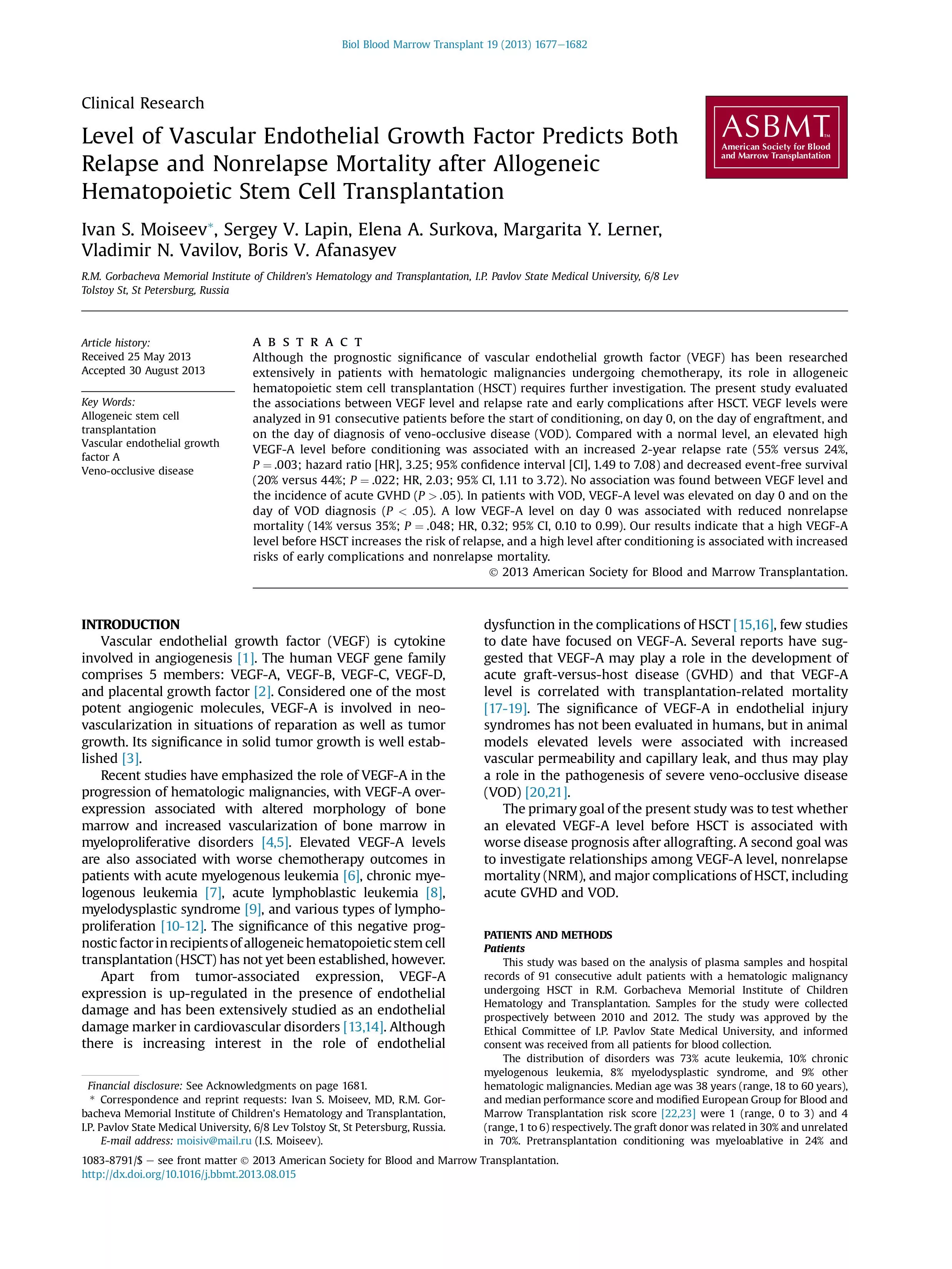 Level of vascular endothelial growth factor predicts both relapse and nonrelapse mortality after allogeneic hematopoietic stem cell transplantation Level of vascular endothelial growth factor predicts both relapse and nonrelapse mortality after allogeneic hematopoietic stem cell transplantation