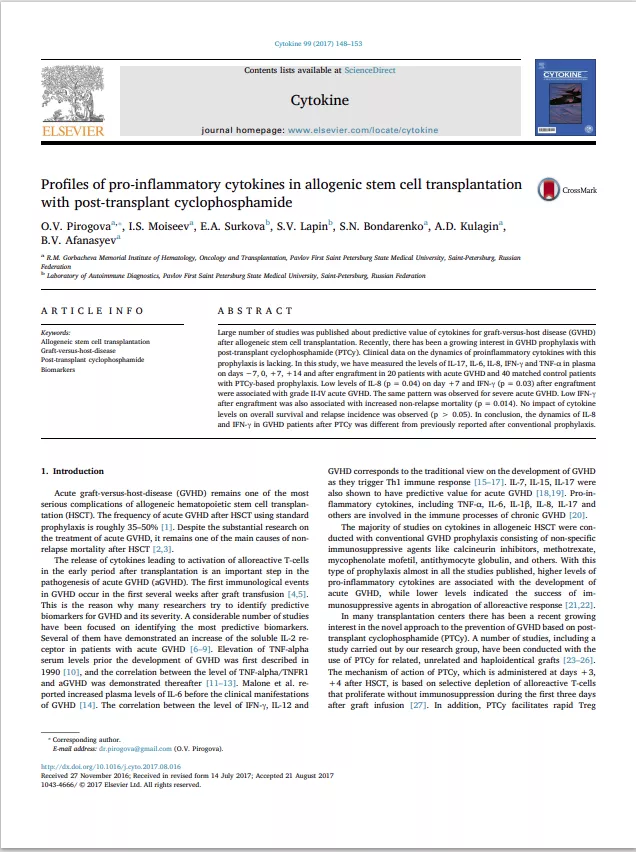 Profiles of pro-inflammatory cytokines in allogenic stem cell transplantation with post-transplant cyclophosphamide Profiles of pro-inflammatory cytokines in allogenic stem cell transplantation with post-transplant cyclophosphamide