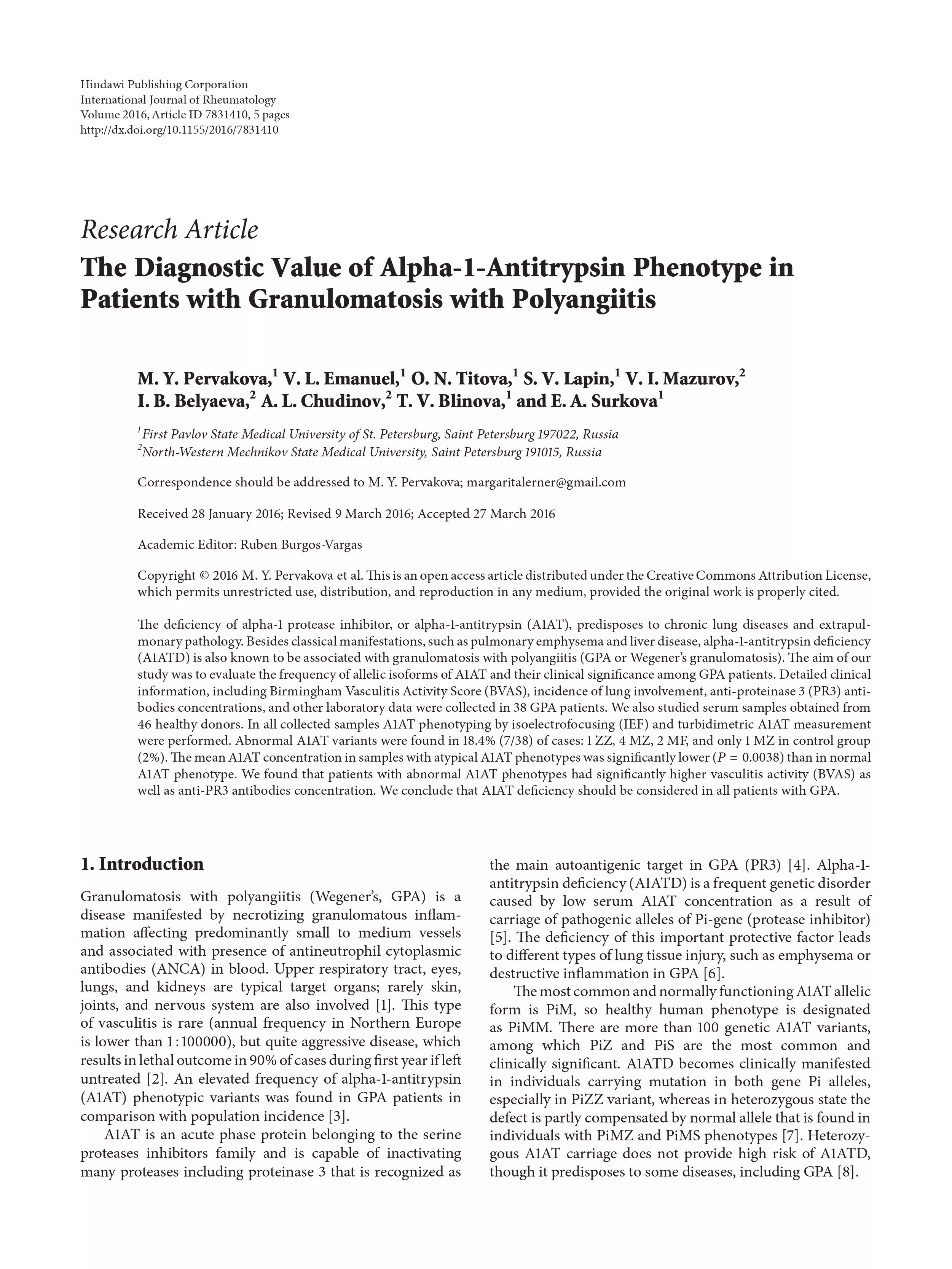 The Diagnostic Value of Alpha-1-Antitrypsin Phenotype in Patients with Granulomatosis with Polyangiitis The Diagnostic Value of Alpha-1-Antitrypsin Phenotype in Patients with Granulomatosis with Polyangiitis