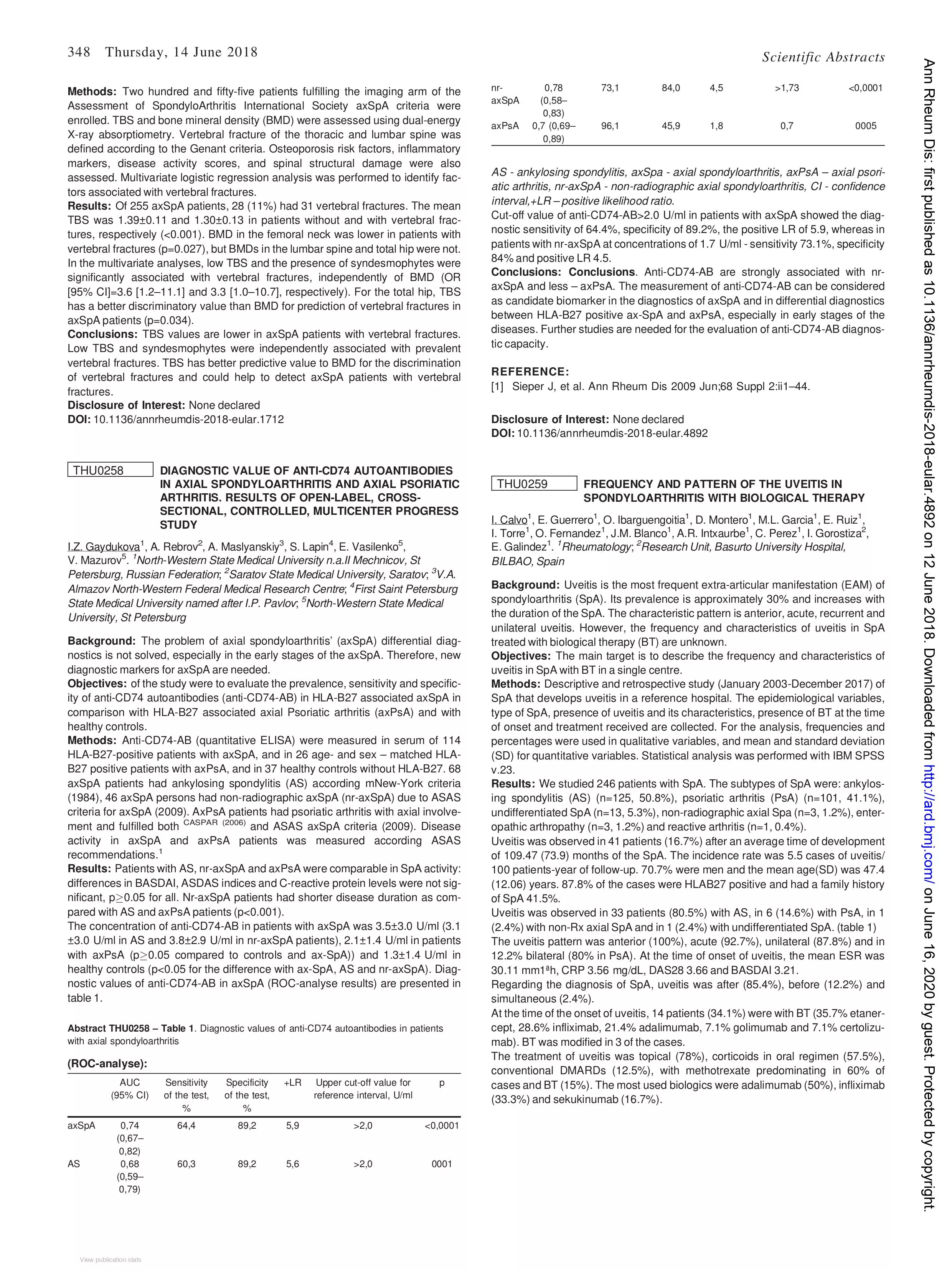Diagnostic value of anti-CD74 autoantibodies in axial spondyloarthritis and axial psoriatic arthritis. Results of open-label, cross-sectional, controlled, multicenter progress study