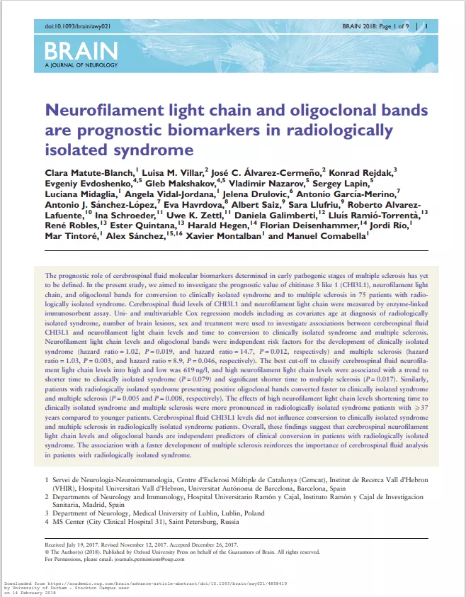  Neurofilament light chain and oligoclonal bands are prognostic biomarkers in radiologically isolated syndrome