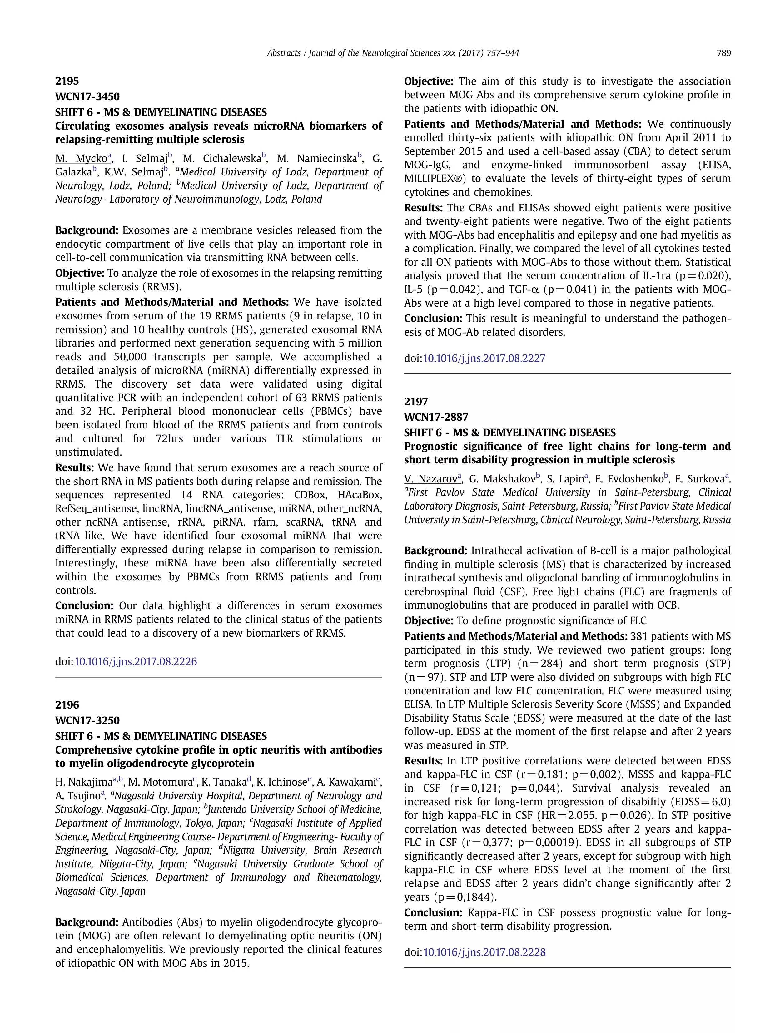 Prognostic significance of free light chains for long-term and short term disability progression in multiple sclerosis Prognostic significance of free light chains for long-term and short term disability progression in multiple sclerosis