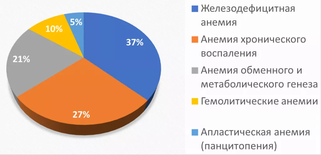 Рисунок 1. Наиболее частые причины анемий в клинической практике (ВОЗ, 2016).