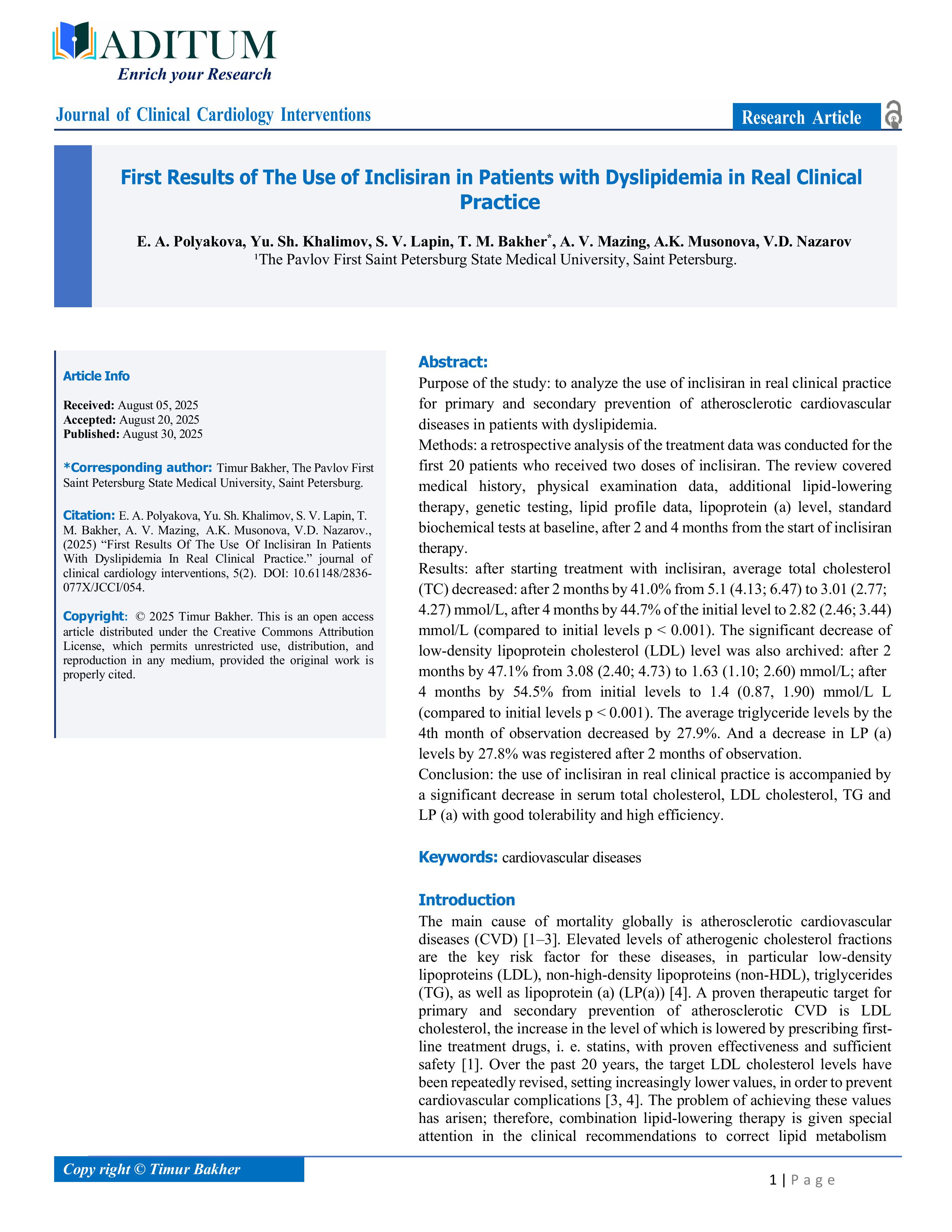First Results of The Use of Inclisiran in Patients with Dyslipidemia in Real Clinical Practice